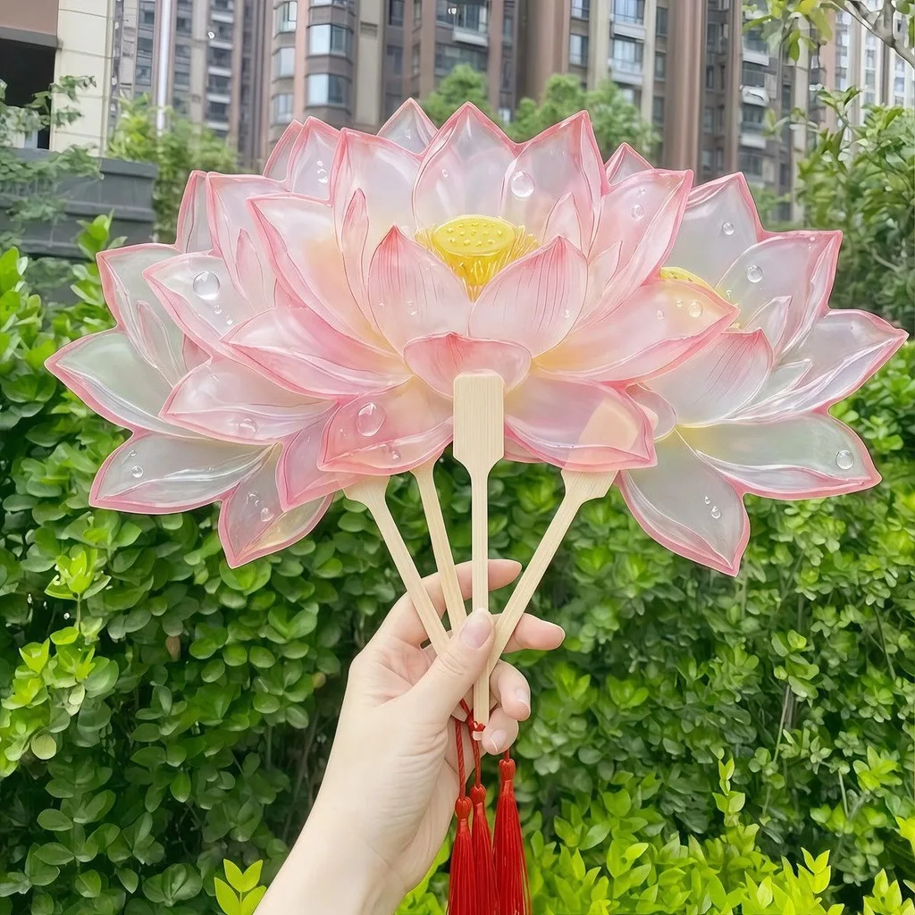 Summer Cooling Fan Handcrafted Vintage Handheld Lotus Fan Bamboo Handle Flower Fan Pink For Gift For Festivals Home Decoration view 3