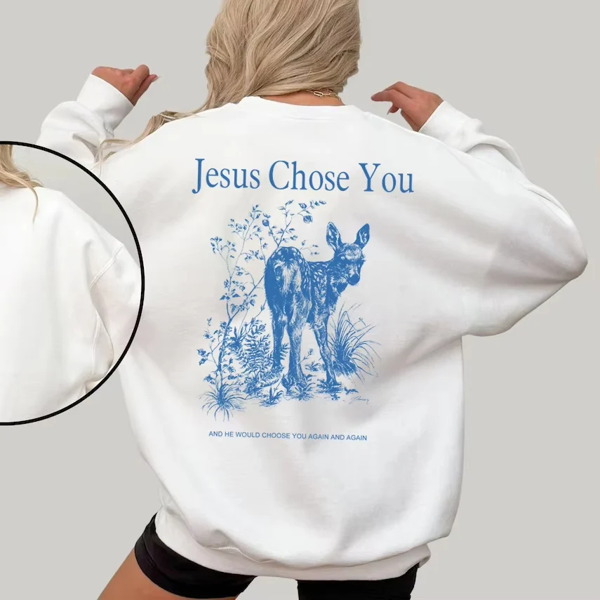 

Autumn Winter Long Sleeve Women Pollver Vintage Jesus Choose Graphic Sweatshirt Religious Bible Verse Tops Christian Clothing