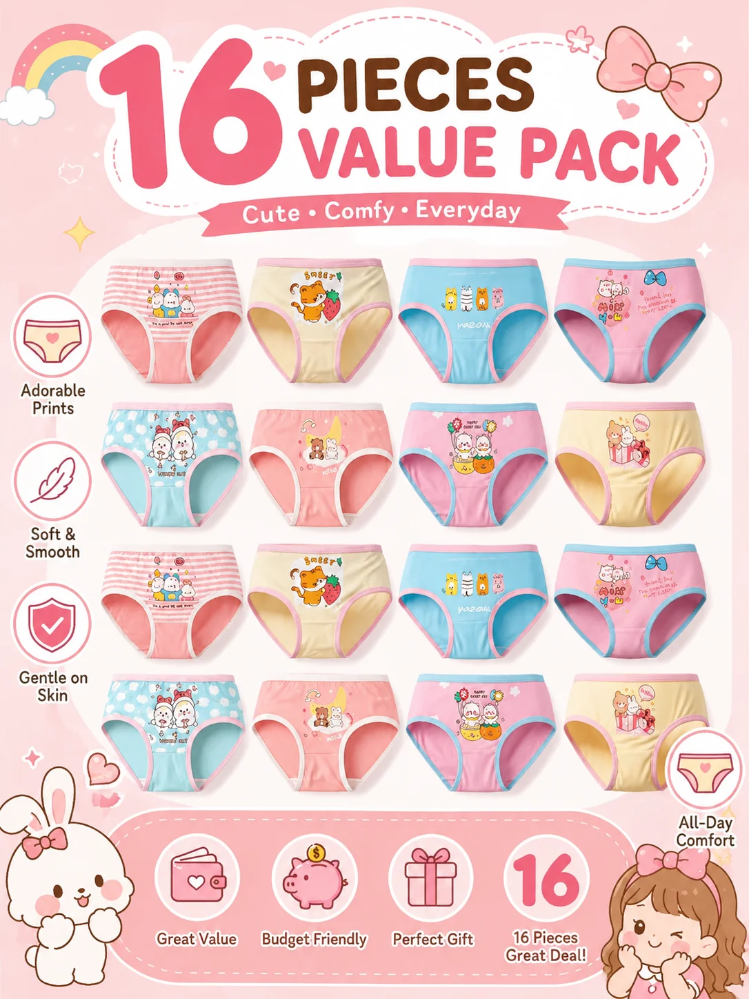 ZEKSAF Girls Underwear 16 Pack Cute Bear Print Extra Soft Girls Panties Size 4T-10