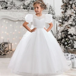 Puff Sleeve White Bridemaid Girls Dress Sequin Flower Embroidery Party Princess Dresses For Girl Child Bow Birthday Prom Costume