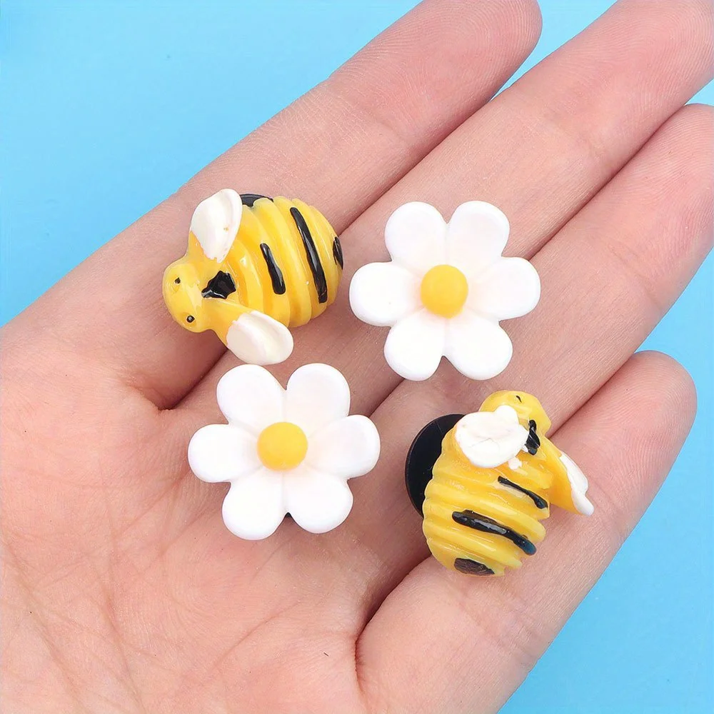 2/6/12pcs Yellow and White Resin Bee and Daisy Flower Shoe Accessories, Creative and Fun Detachable Hole Shoe Decoration