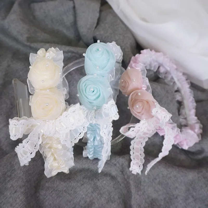 오리지널 로리타 우아한 크림 화이트 핑크 로즈 레이스 헤어 밴드 소프트 소녀 귀여운 헤어 액세서리 스위트 KC 공주 장식품