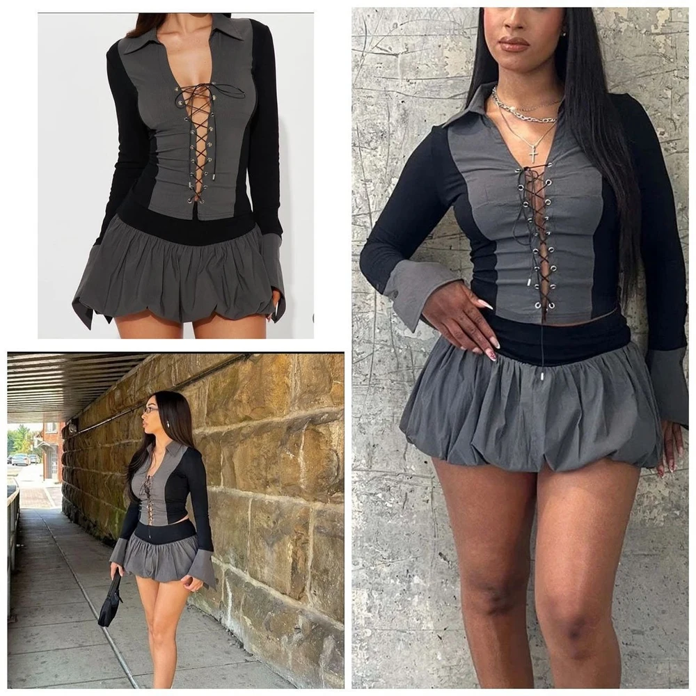 Contrast Two Piece Set Women Casual Sexy Outfits Polo-Neck Shirring Crop Tops and Mini Puffy Skirt Sets Trend New Arrivals 2025