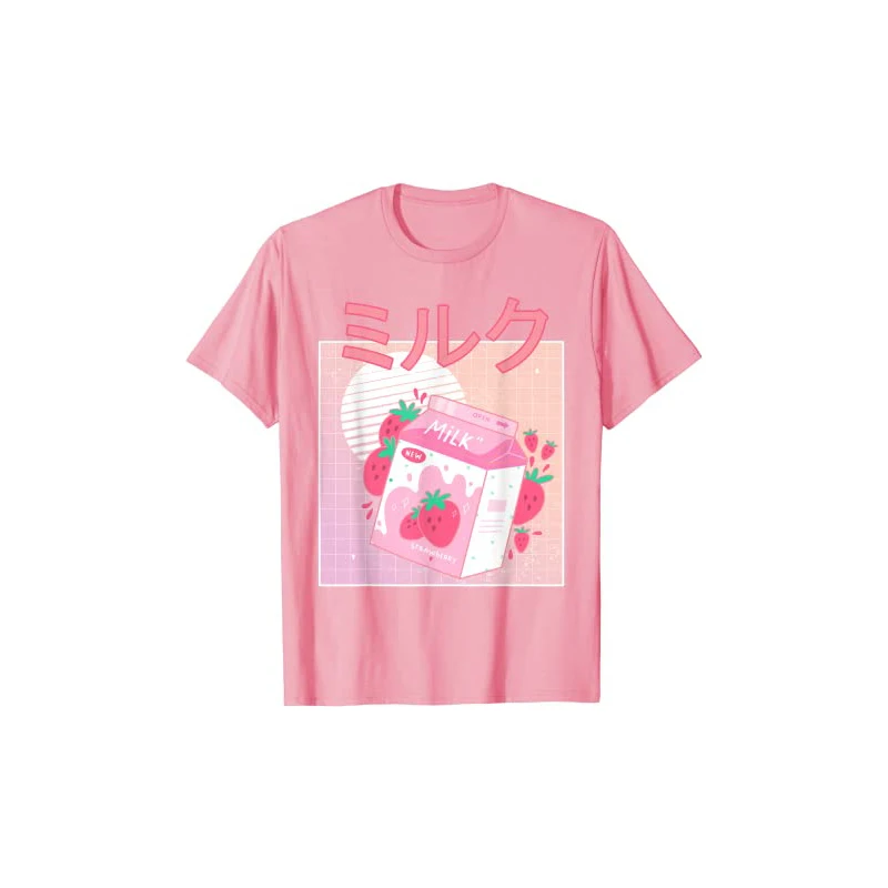 

100% Cotton Fun Retro 90s Japan Cute Strawberry Milk Shake Carton T-shirt Women's Short-Sleeved Harajuku Graphic Oversized Tee