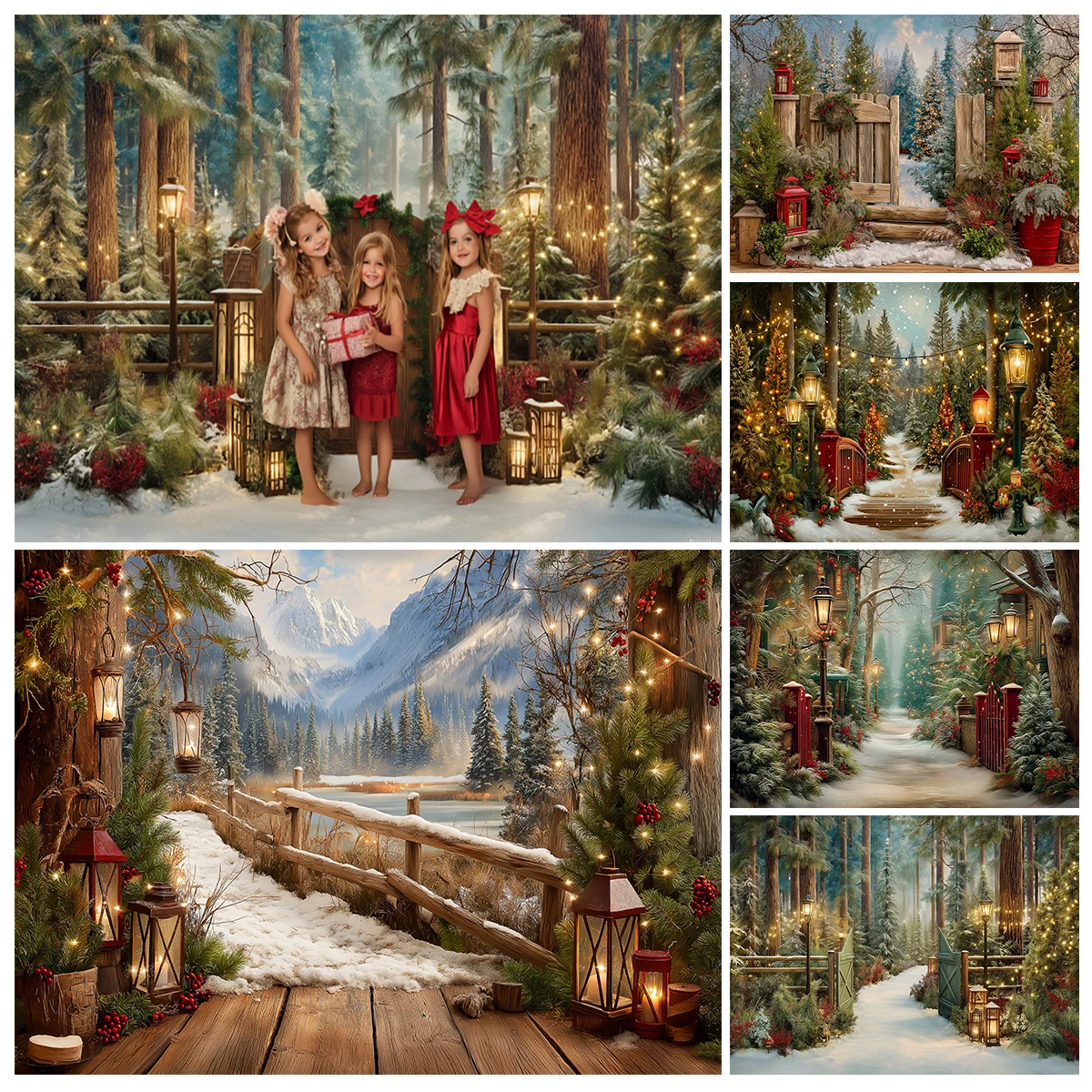 Weihnachten verschneite Wald Eingang Kulissen Kinder Baby Fotografie Wunderland Weihnachtsbäume Cottage Pine Trees Village Hintergrund