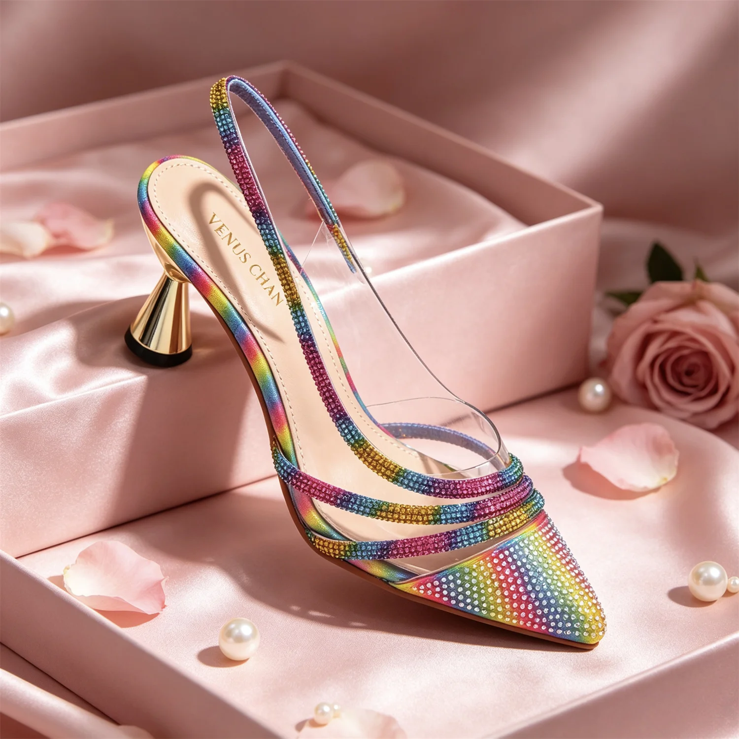 Women Slingback Pointed Toe High Heels Rainbow Rhinestone Crystal Pumps Elegant Cone Heel Shoes For Wedding Party Evening Dress