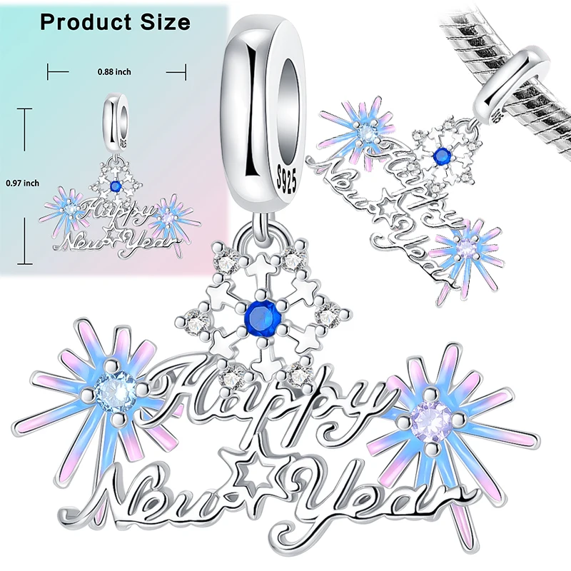Happy New Year Dangle Charm 925 Sterling Silver Gradient Enamel Snowflake Pendant Bead Fit Bracelet Winter Holiday Jewelry Gift