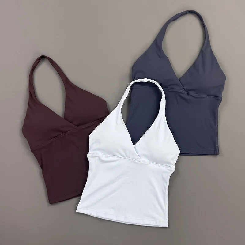 Histello Women Gym Halter Sports Tank Top Deep V Neck Padded Sleeveless Workout Crop Tank Fitness Yoga Camisole Activewear