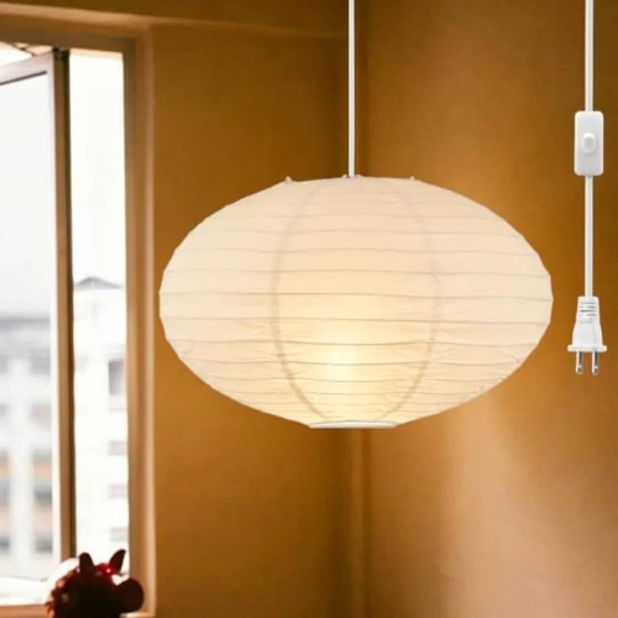 

16" Plug in Pendant Light Fixture, 15 Feet Hanging Paper Lantern White Paper Lamp Hanging Pendant Light with On/Off Switch for