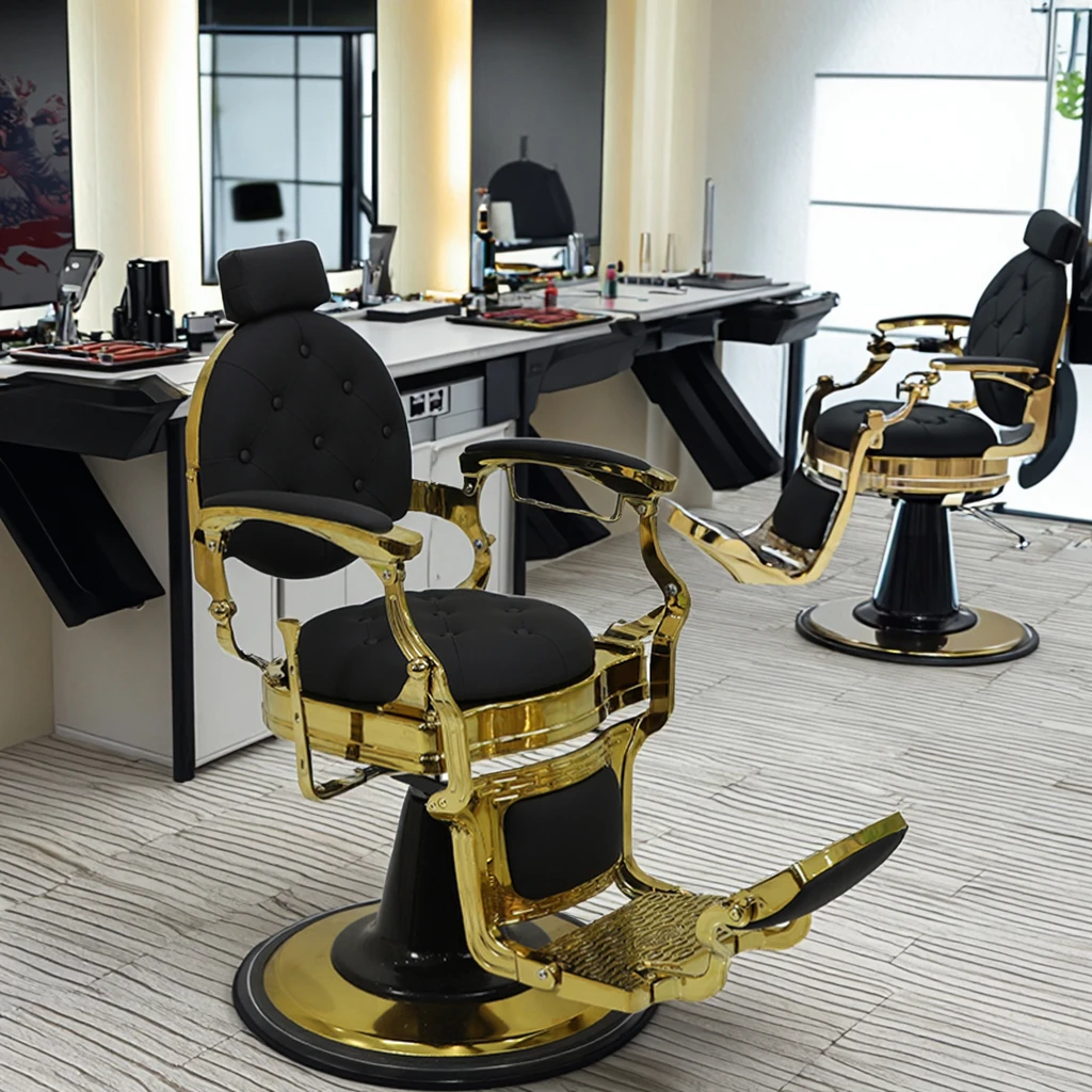 Wholesale Black Tufted Leather Round Gold Base Hairdressing Styling Chair Luxury Hydraulic Pump Shaving Barber Chair for Men
