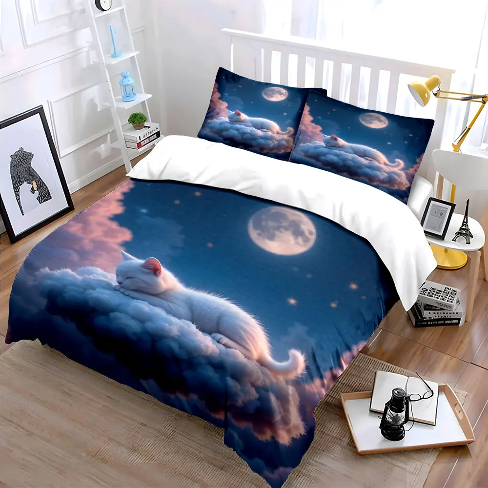White cat sleeps on dreamy cloud Duvet Cover Set with 3D Printing Design Soft Polyester Bedding Set All-Season Comfort