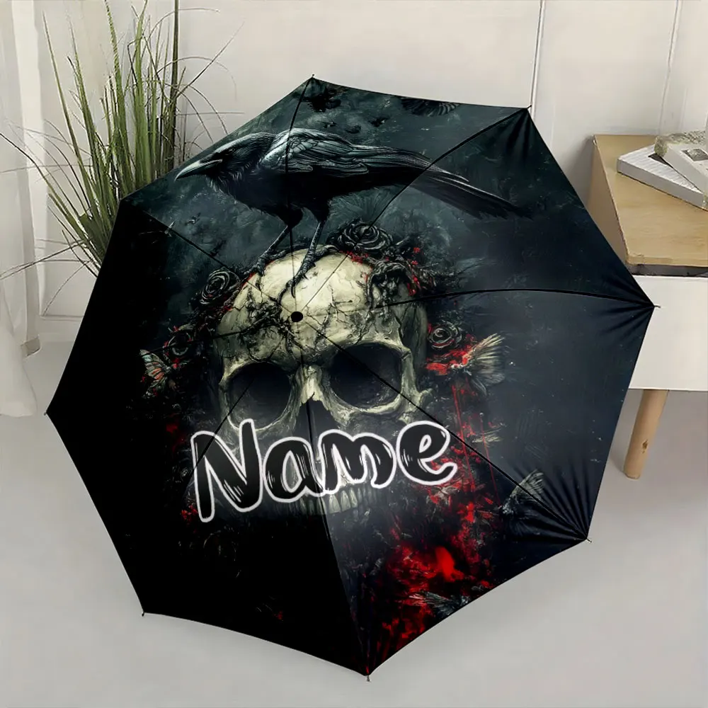Custom Name Umbrella,Dark Gothic Raven Skull Rose Art Print Folding Umbrella for Sunny and Rainy, Gift