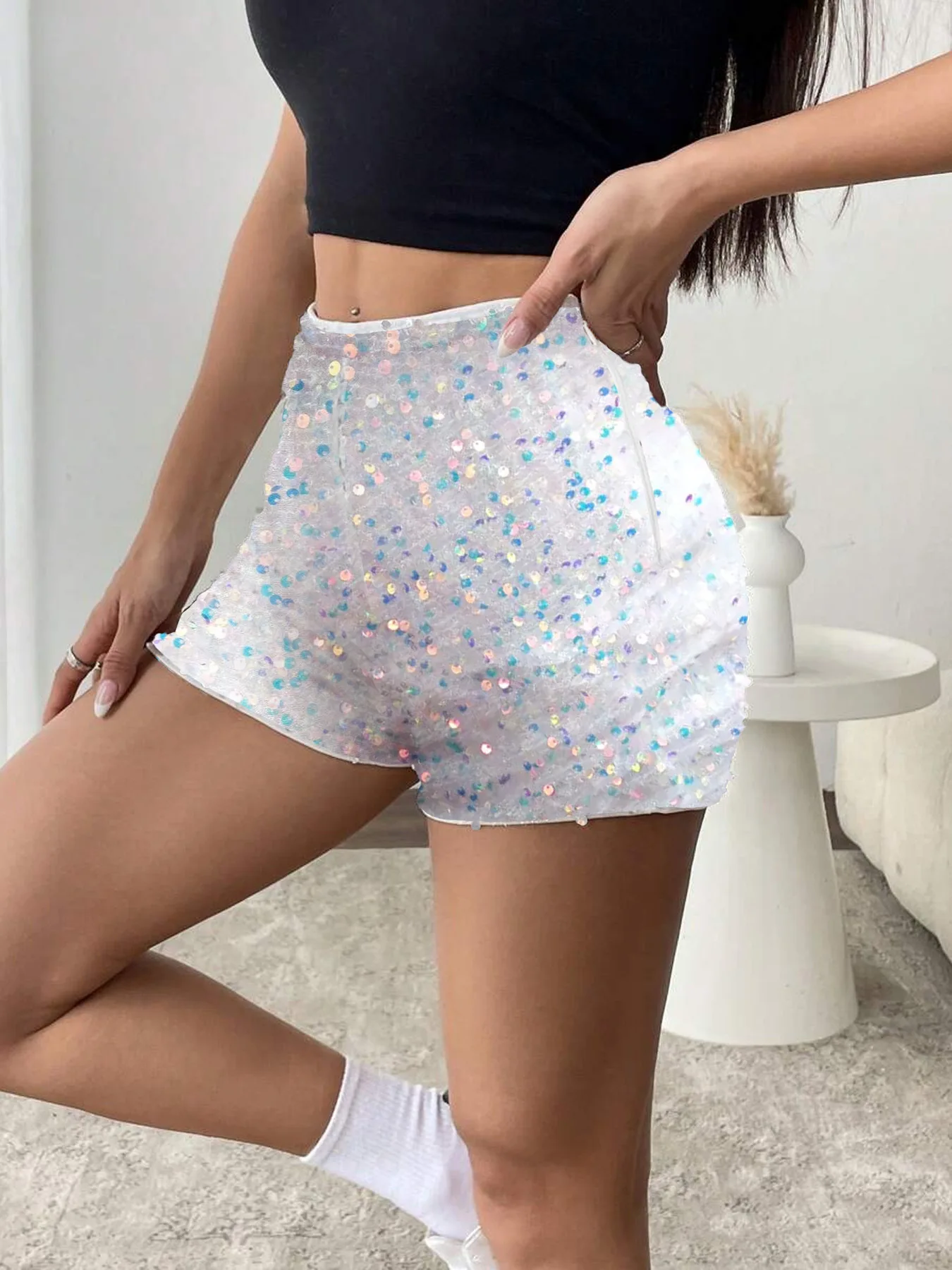 Women Sequins Black Low Rise Shorts Y2K Sexy Skinny Mini Shorts Summer Fashion Party Clubwear Costume Bottoms