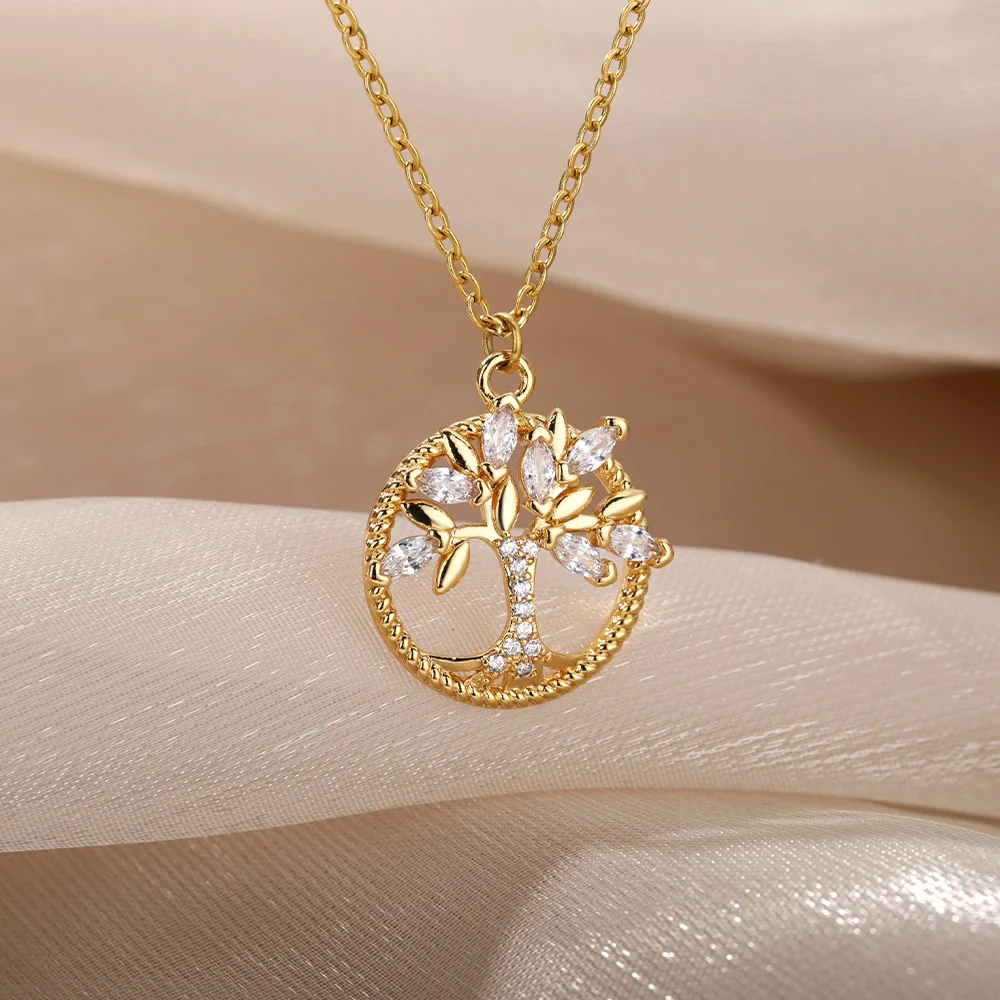 

Stainless Steel Chain Micro Inlaid Zircon Earrings Life Tree Pendant Hip-hop Women's Necklace Jewelry Tree of Life Pendant