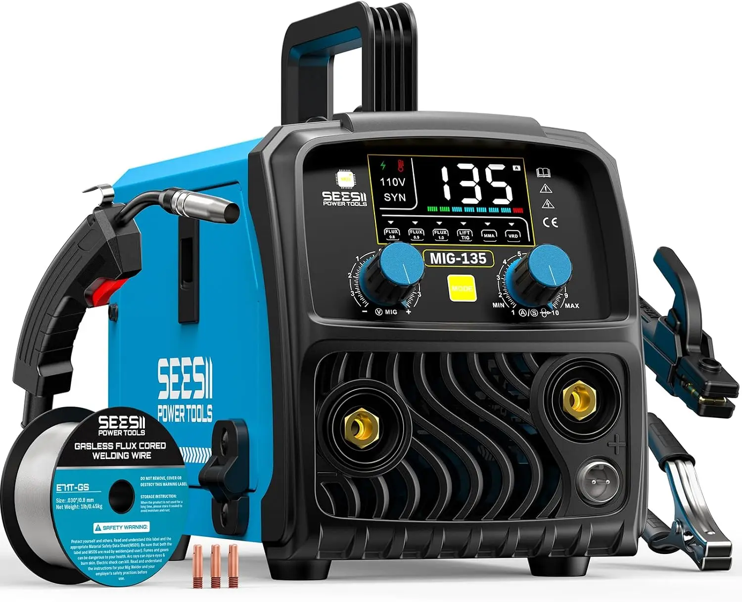 110V 135A MIG Welder, 3-in-1 Multi Process Welding Machine with Gasless Flux Core, Lift TIG & Stick, 7.7 lbs Portable IGBT Inverter, Large Digital Display