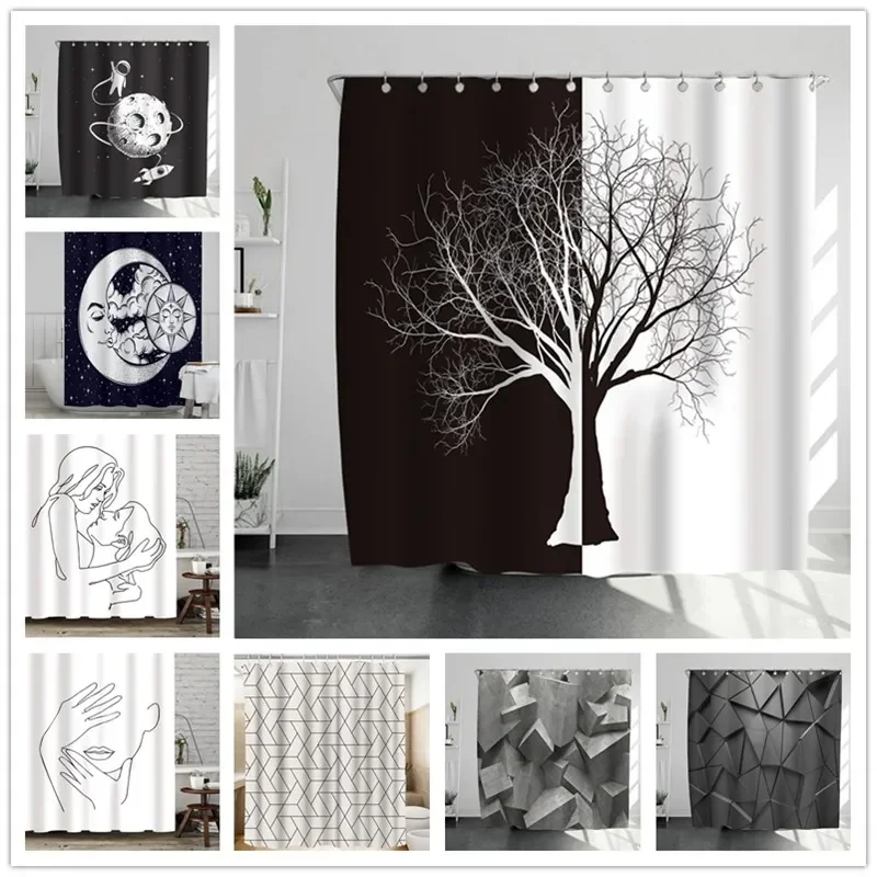 Nordic Style Bathroom Waterproof Curtains, Black and White Tree Shower Curtains with Hooks, Home Decoration, 3D Bath Curtain