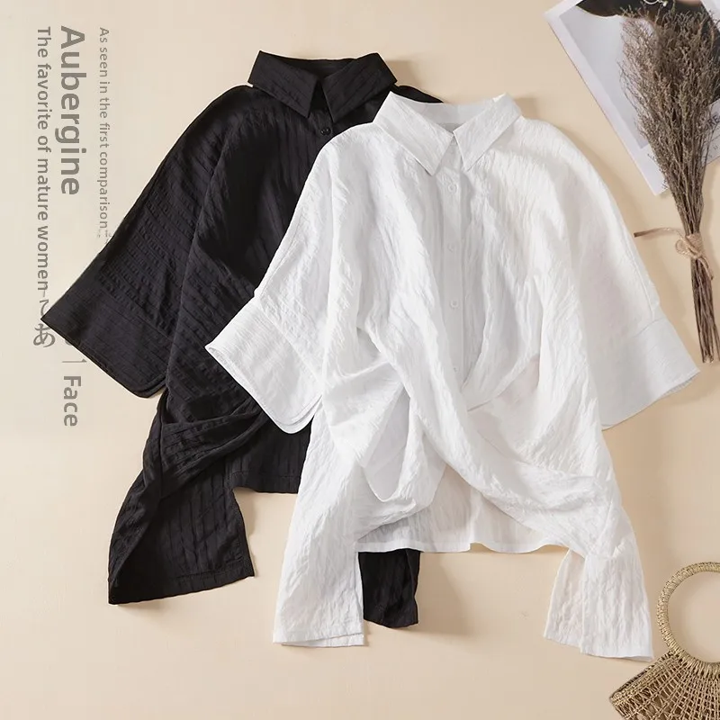 

Cross Design Pleated irt Large Size Women's Faion Summer Casual Asymmetrical Five-Quarter Sve Turn-Down Collar Top