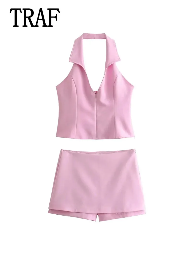 TRAF Women Skirts Shorts Set 2024 New Fashion Shorts Sweet Pink Summer Sexy Shorts Sets Women's Suit Women Outfit