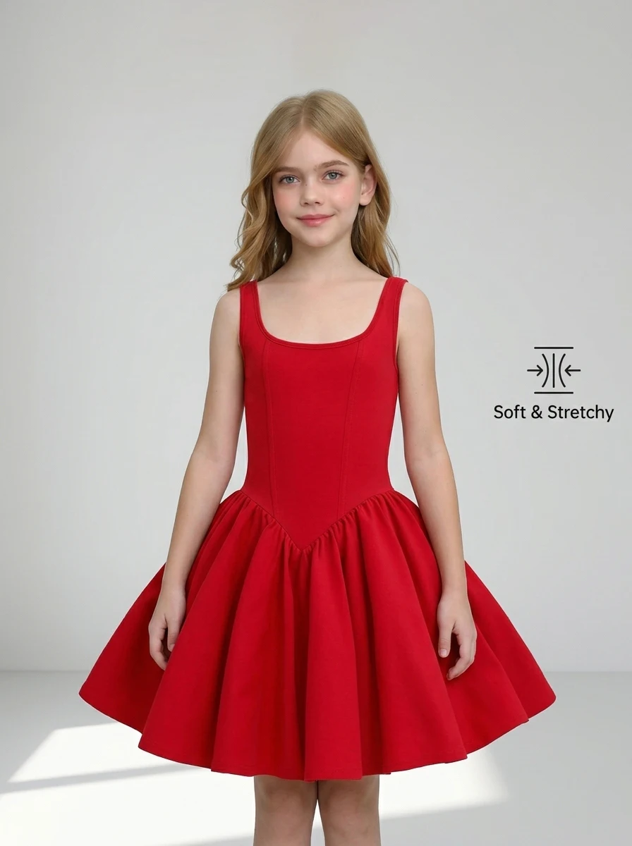 Sommerkleid für Mädchen von 7–14 Jahren, quadratischer Ausschnitt, breiter Träger, rot, dehnbar, tailliert, plissiert, A-Linie, knielang, für Tanz, Party, Alltag, Schule – Detail 3