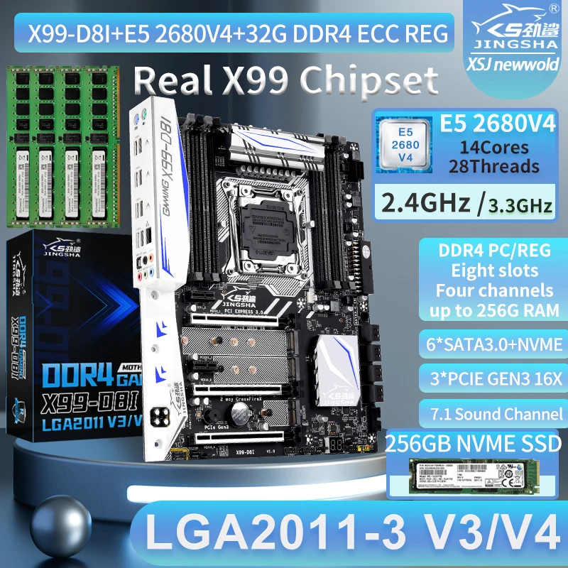 Kit de placa base para juegos de X99-D8I con E5 2680V4 DDR4 2400, 4x8G = 32GB de RAM, Quad Channel, XSJnewwold GEN3X4, SSD de 256GB, xeon x99