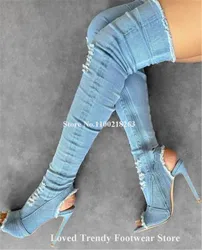 Sexy Blue Denim Over-the-Knee Stiletto Heel Boots Slim Peep Toe Cut-out Thin Heel Long Boots Big Size Jean Boots Party Heels