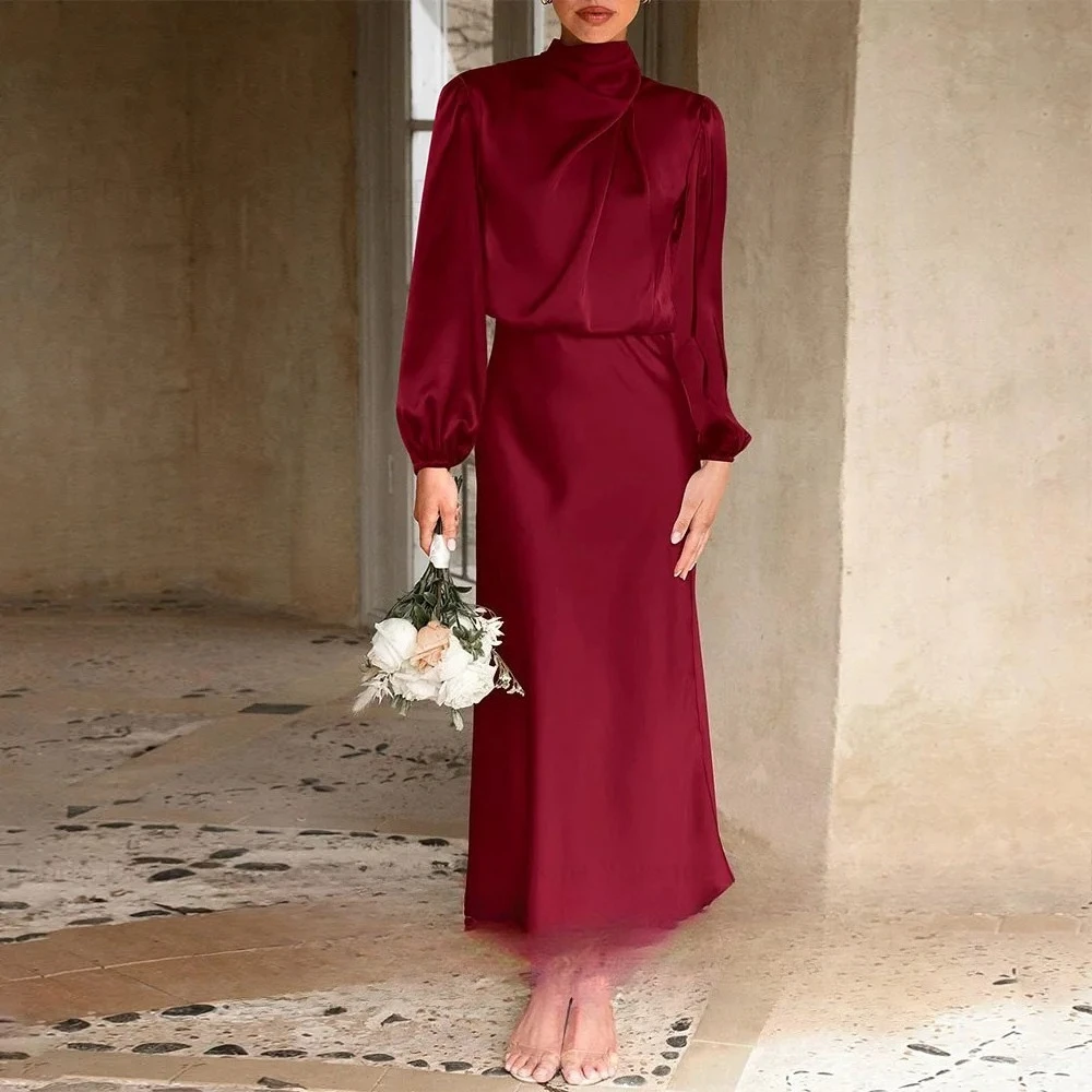 Vintage High Neck Chiffon Short Prom Dresses High Neck Pleat Long Sleeve Formal Wedding Party Gown Cocktail Dresses