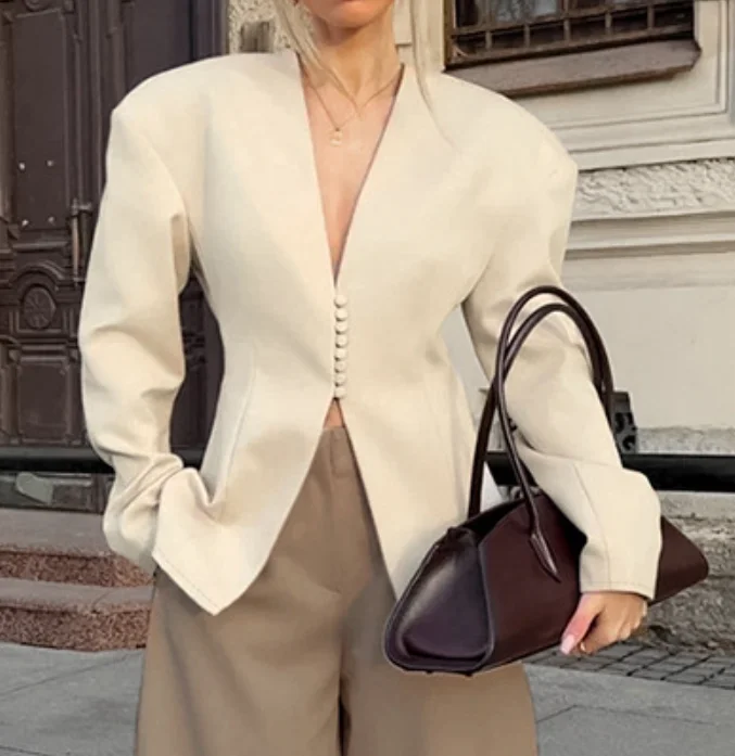 Women Blazer Jacket Fitted Long Sleeve Blazer Button Front V Neck Cream Business Casual Office Elegant Jacket