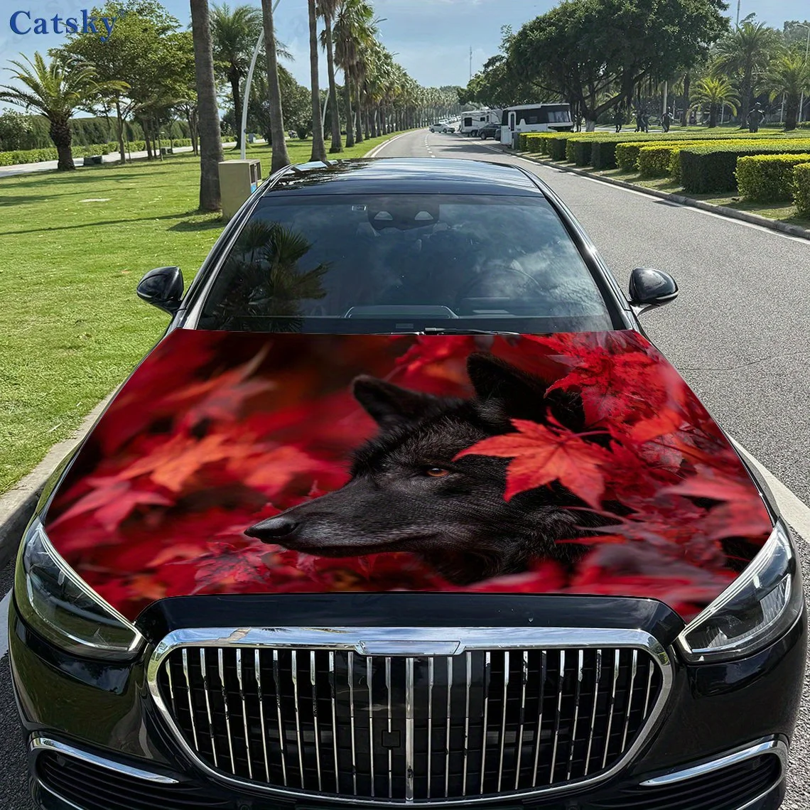 Black Wolf and Red Maple Leaves Car Hood Vinyl Wrap - Waterproof, Self-Adhesive, Surface Protection Decal Sticker For Auto Engin