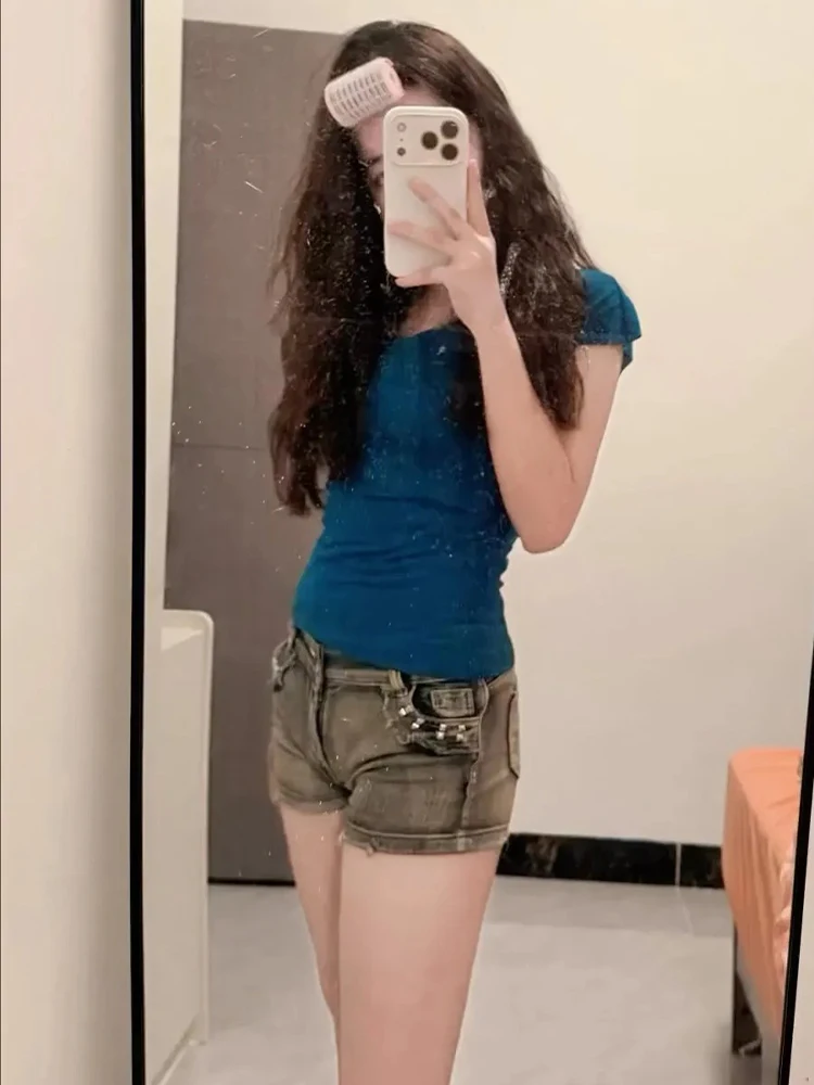 Women's Distressed Denim Shorts - Low Waist Studded Hot Pants, Slim Fit Ripped Edge Jean Shorts, Y2K Summer Streetwear