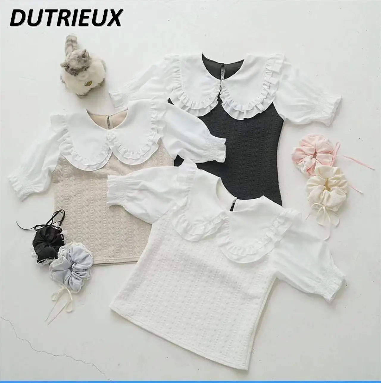 Summer New Doll Collar Patchwork Easy Matching Blouse Cute Sweet Girl Shirt Japanese Style Wooden Ear Puff Short Sleeve Tops