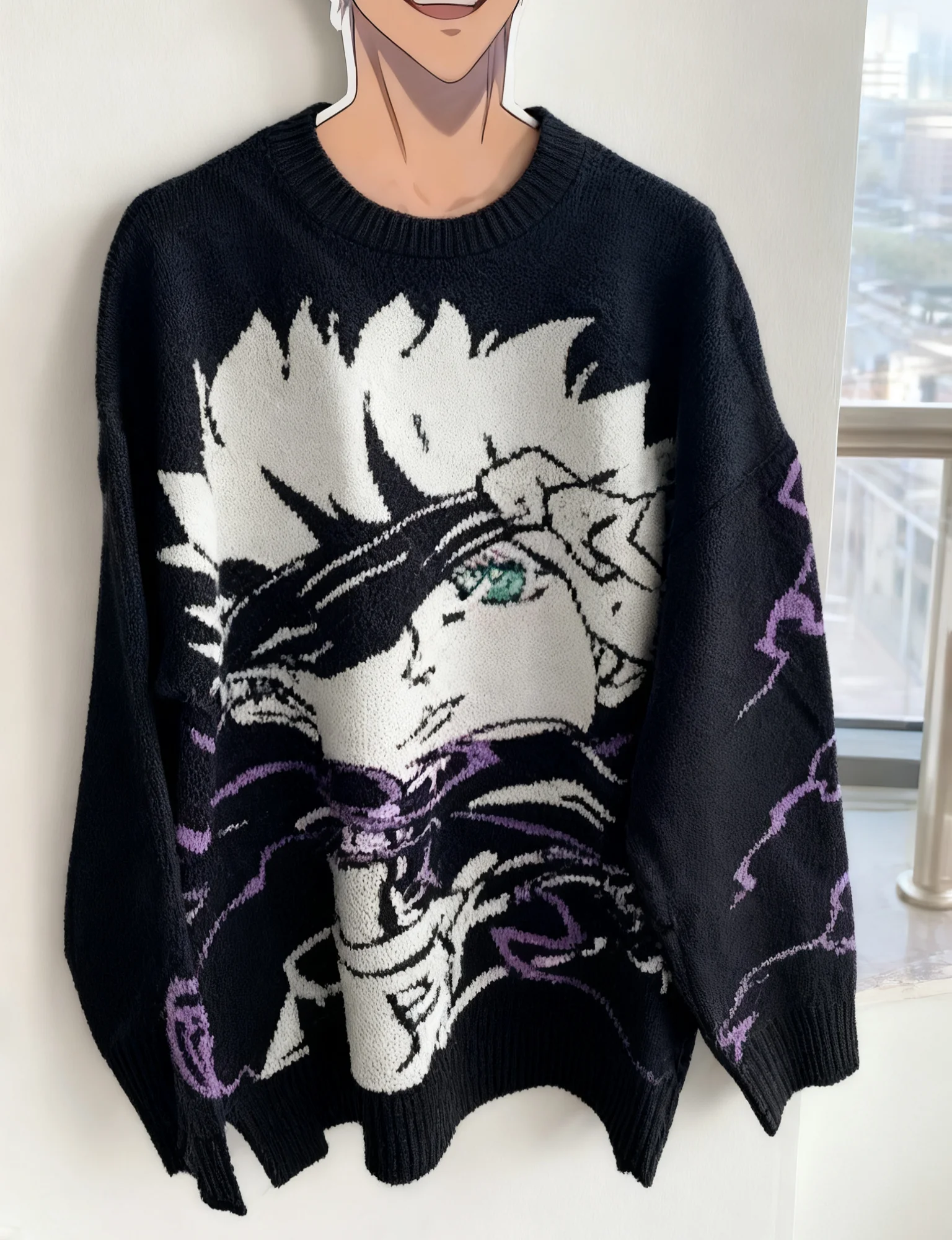 Anime Jacquard Oversized Pullover Knit Sweater Gothic Y2k Vintage American Style High Street Fashion for Fall And Winter