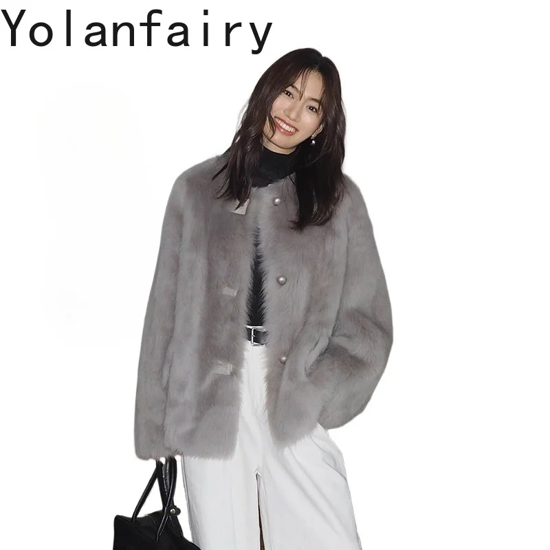YOLANFAIRY Luxury Real Fur Coat Women Elegant Round Neck Natural Sheep Shearling Coats Korean Style Loose Genuine Leather Jacket