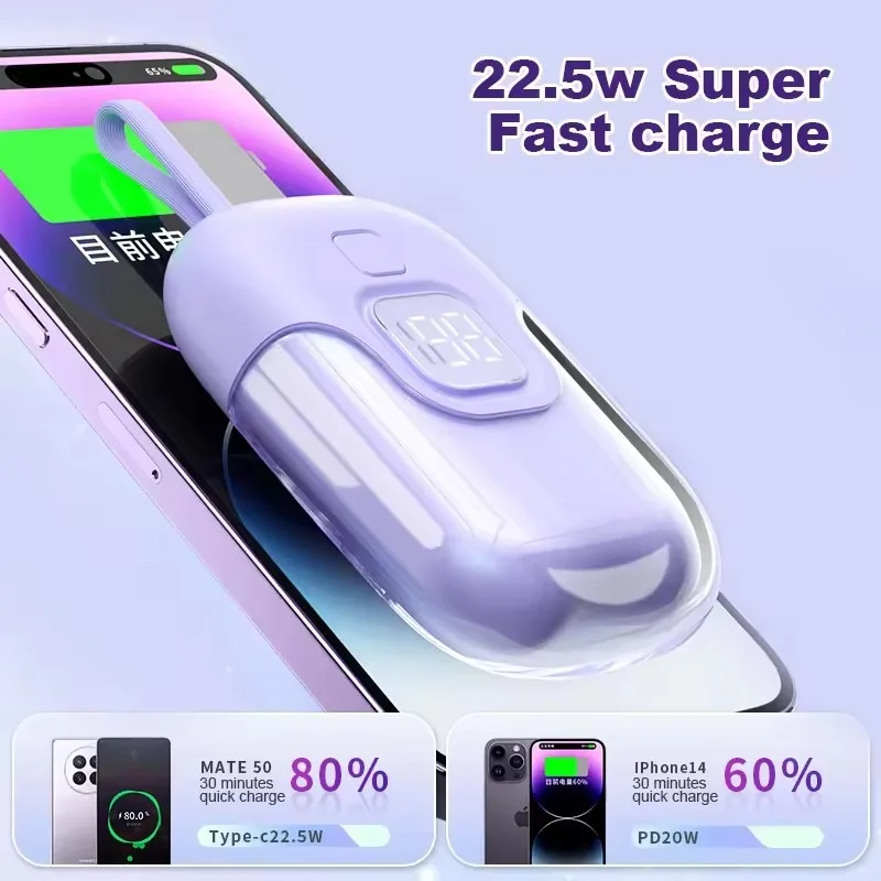 Crystal Power Bank 10000mah Large Capacity Built-in Battery Mini Power Bank Fast Charging Solid Color Lanyard Capsule Powerbanks