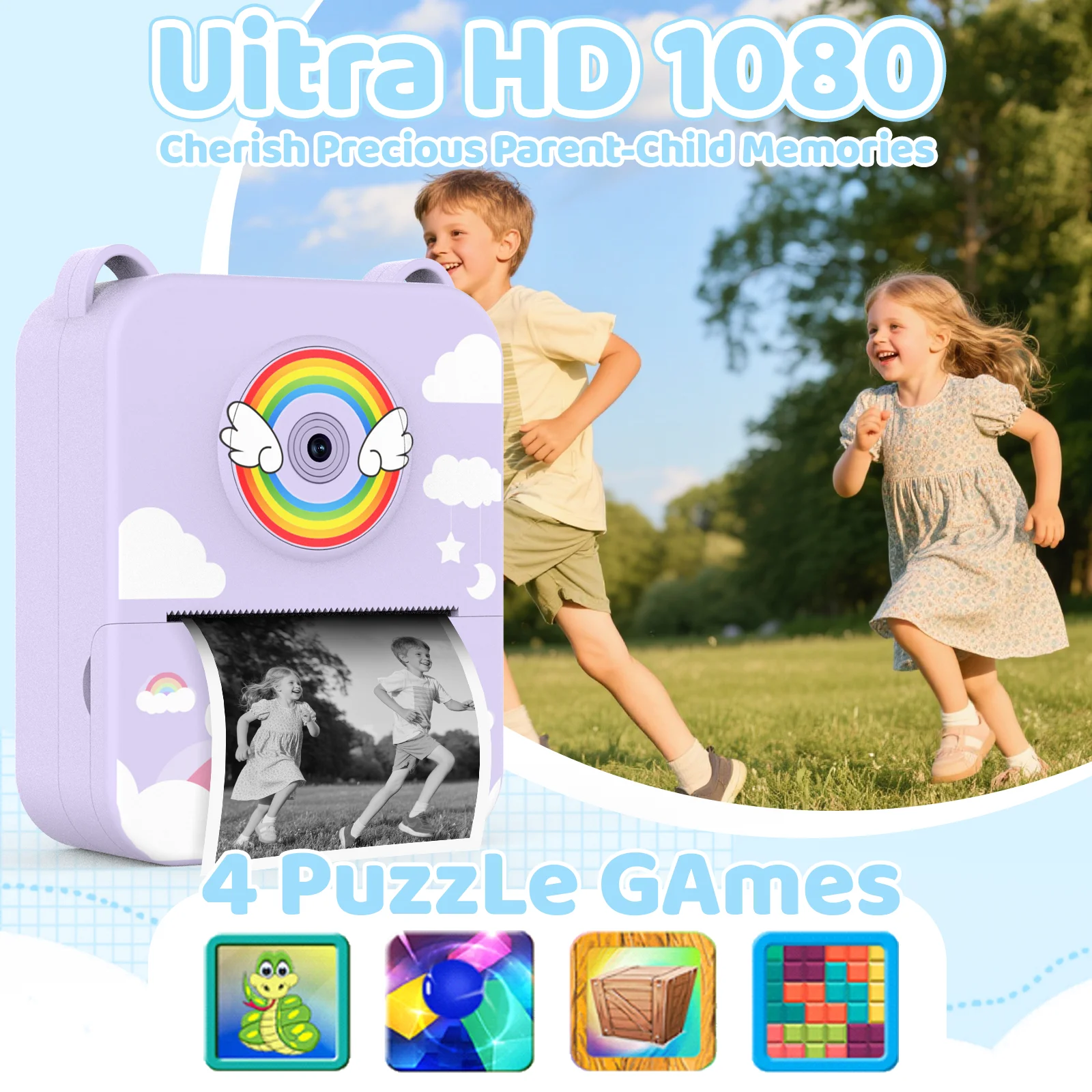 Kids' 1080P HD instant camera with flash, 2.4-inch IPS panel, cartoon rainbow pony design, includes 3 rolls of printing paper.