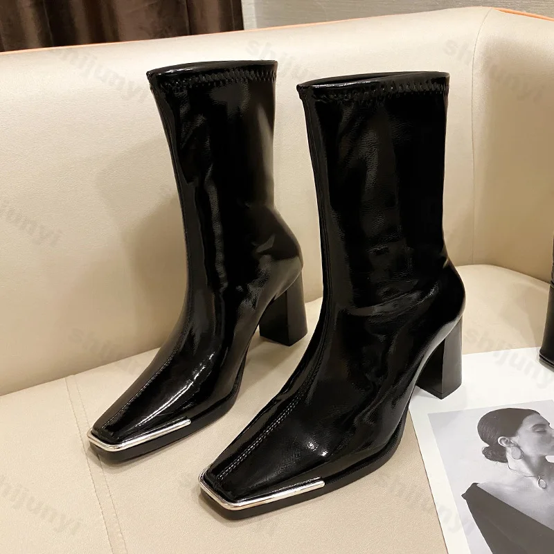 Patent Leather High Heels Short Boots Women 2025 Autumn Square Toe Slip-on Ankle Botas Woman Thick Heeled Pumps Ladies Booties image 3