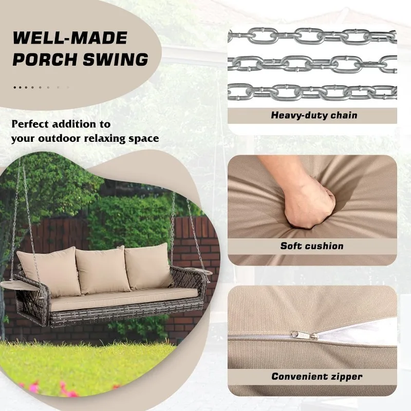 Outdoor Rattan Swing Bench com Almofada e Travesseiro, Wicker Hanging Porch Swing Chair, Pátio Bench, 3 pessoas