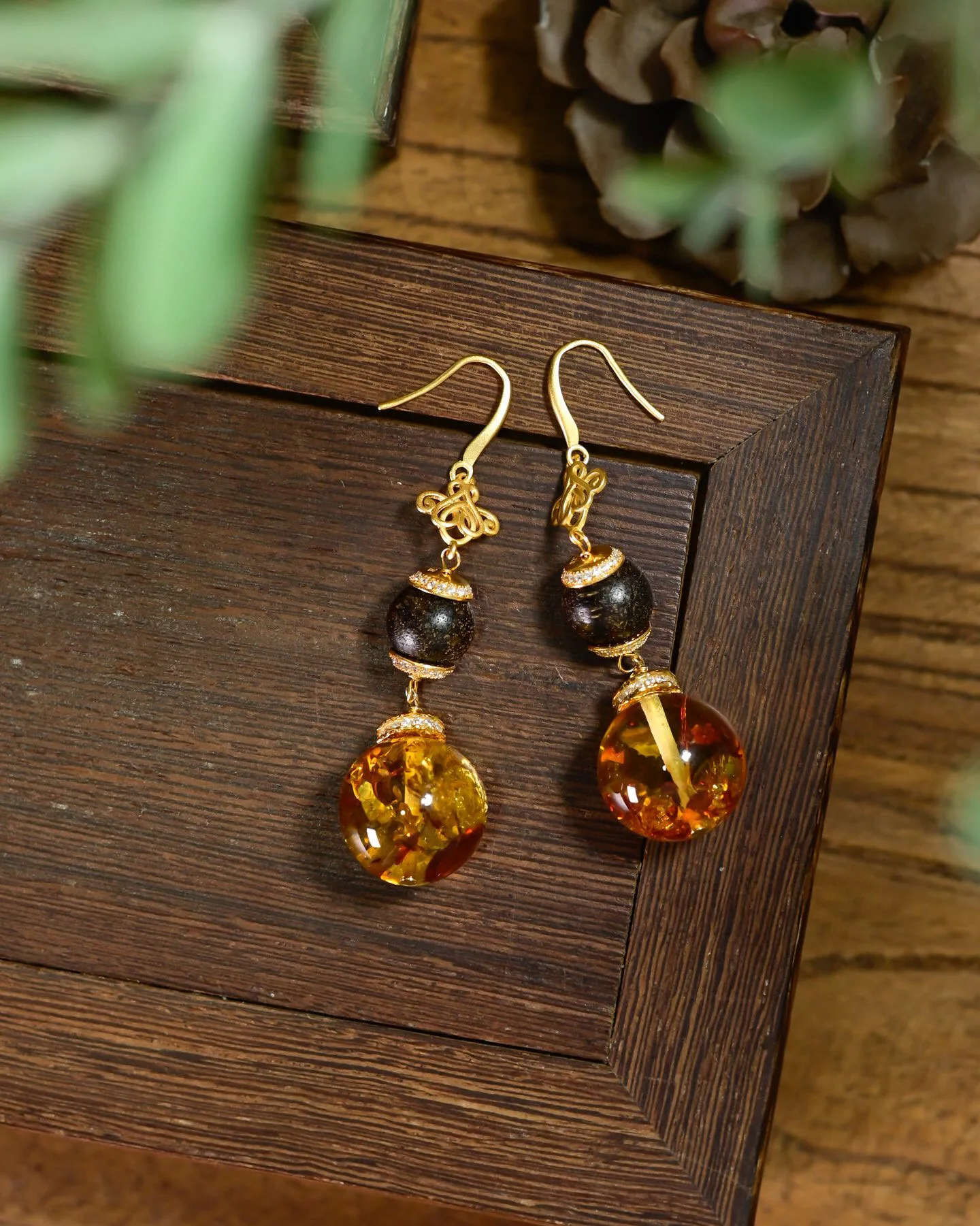 

Golden Amber & Agarwood Earrings Ancient Style Long, Pure Silver Yellow Dangle Vintage Jewelry