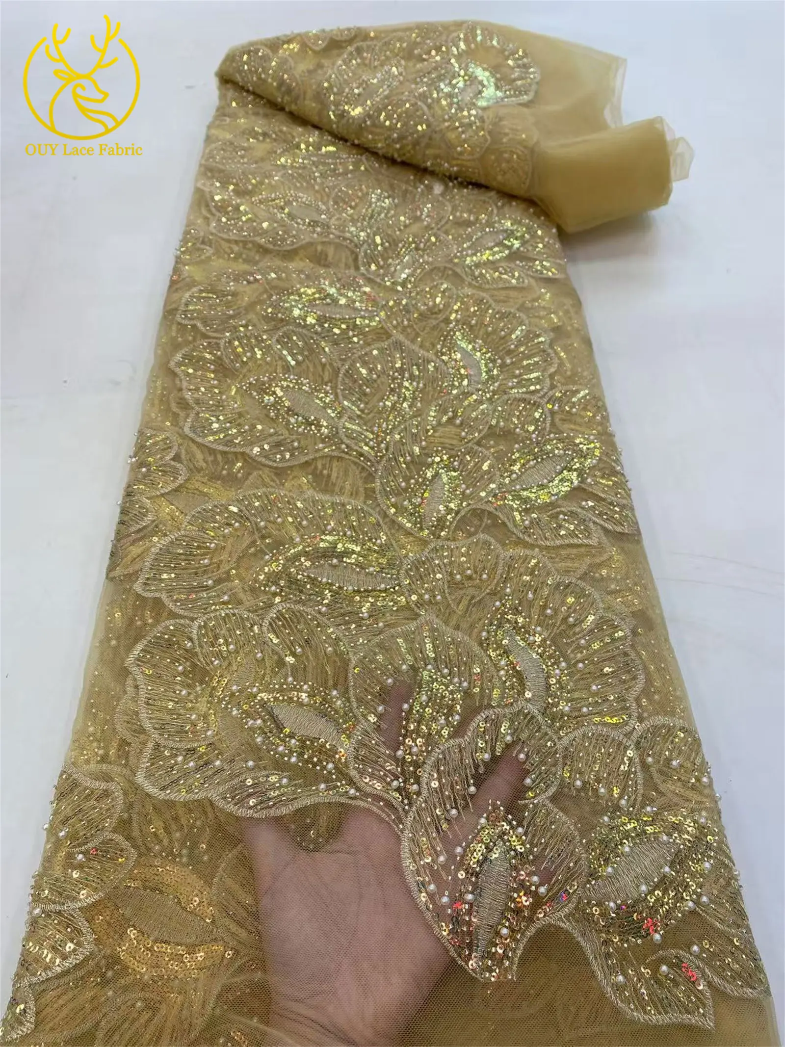Eleganter afrikanischer Spitzenstoff mit Pailletten und Perlen, 5 Yards hochwertiger französischer Tüll-Spitzenstoff, nigerianischer Spitzenstoff für Braut- und Hochzeitsfeiern zum Nähen – Detail 11