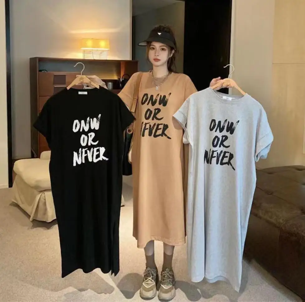 2023 Summer New Korean Women Loose Letter Dress Simple Large 4XL Women's Cotton T-shirt Dress Daily Vacation Casual Dresses