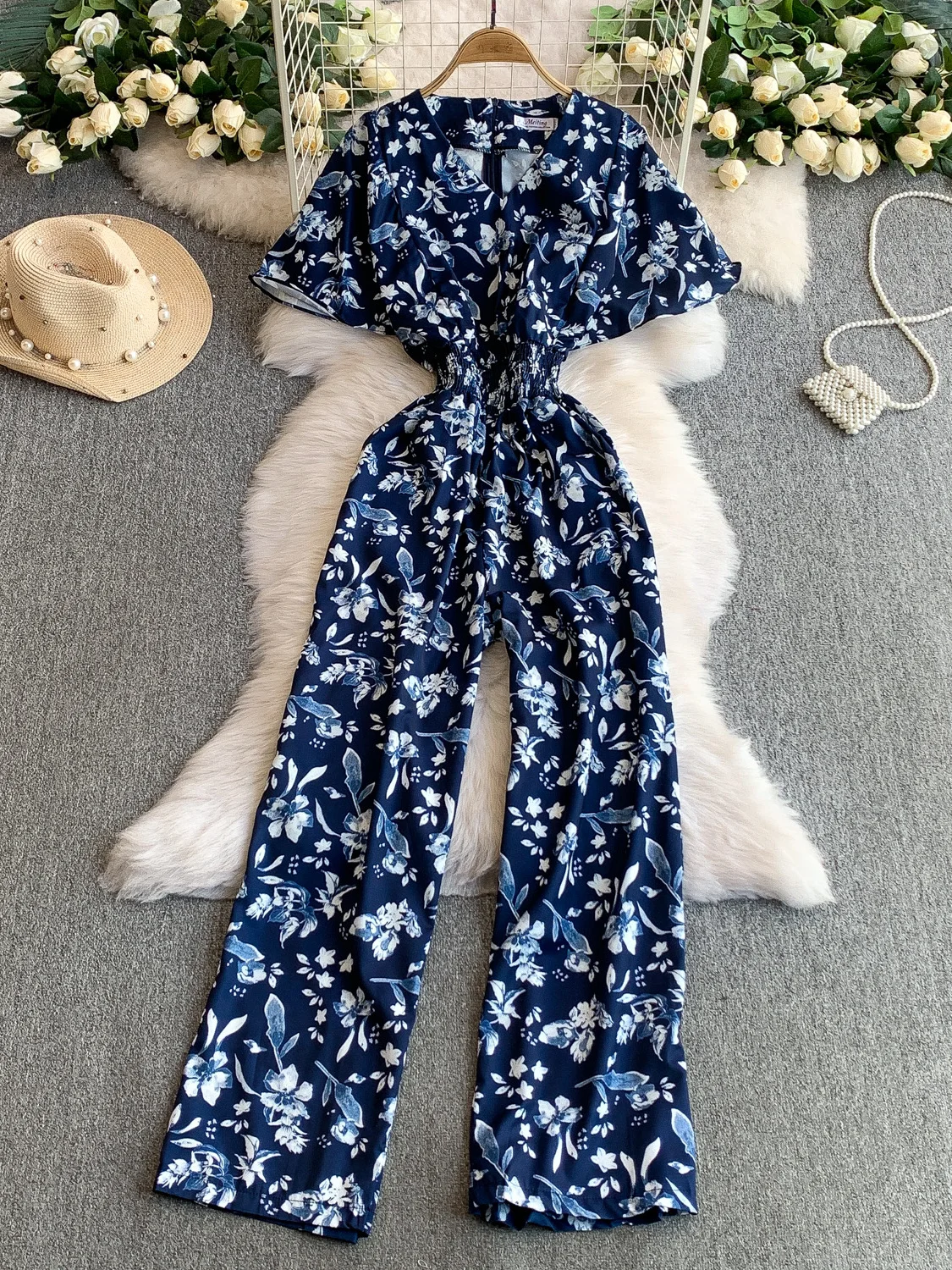 

Ele Floral Print V-Ne ort Sve Women's Rer High Waist Straight Leg Wide Leg Pants Summer Elastic Slimming Fit