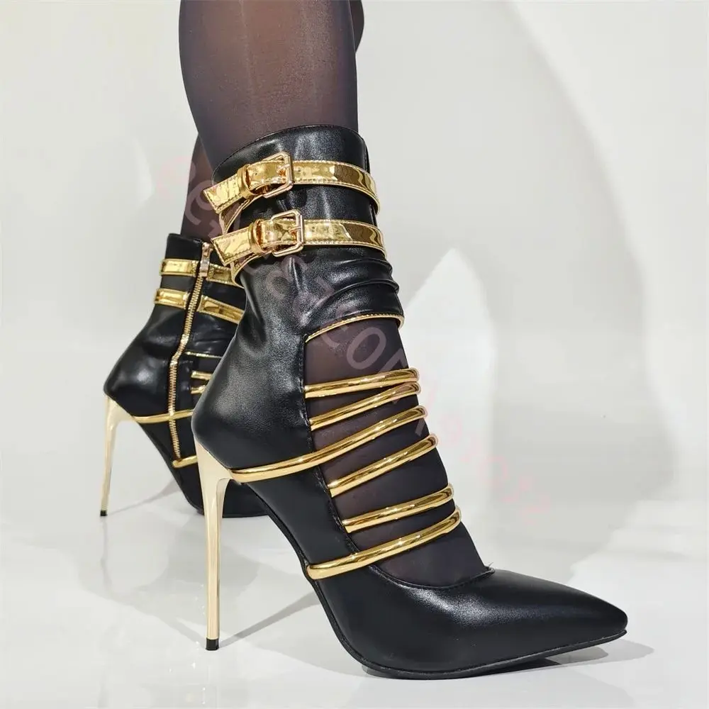 

Pointed Toe Hollow Belt Buckle Stilettos 2025 Autumn New Banquet Sexy Ladies Short Boots Mixed Color Fashion Casual Shoes