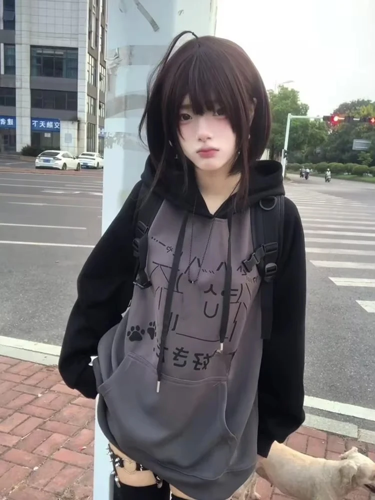 Japanese Kawaii Y2k Aesthetic Patchwork Hoodies Women Vintage Cartoon Print Streetwear Harajuku Loose Pocket Sweatshirt Tops