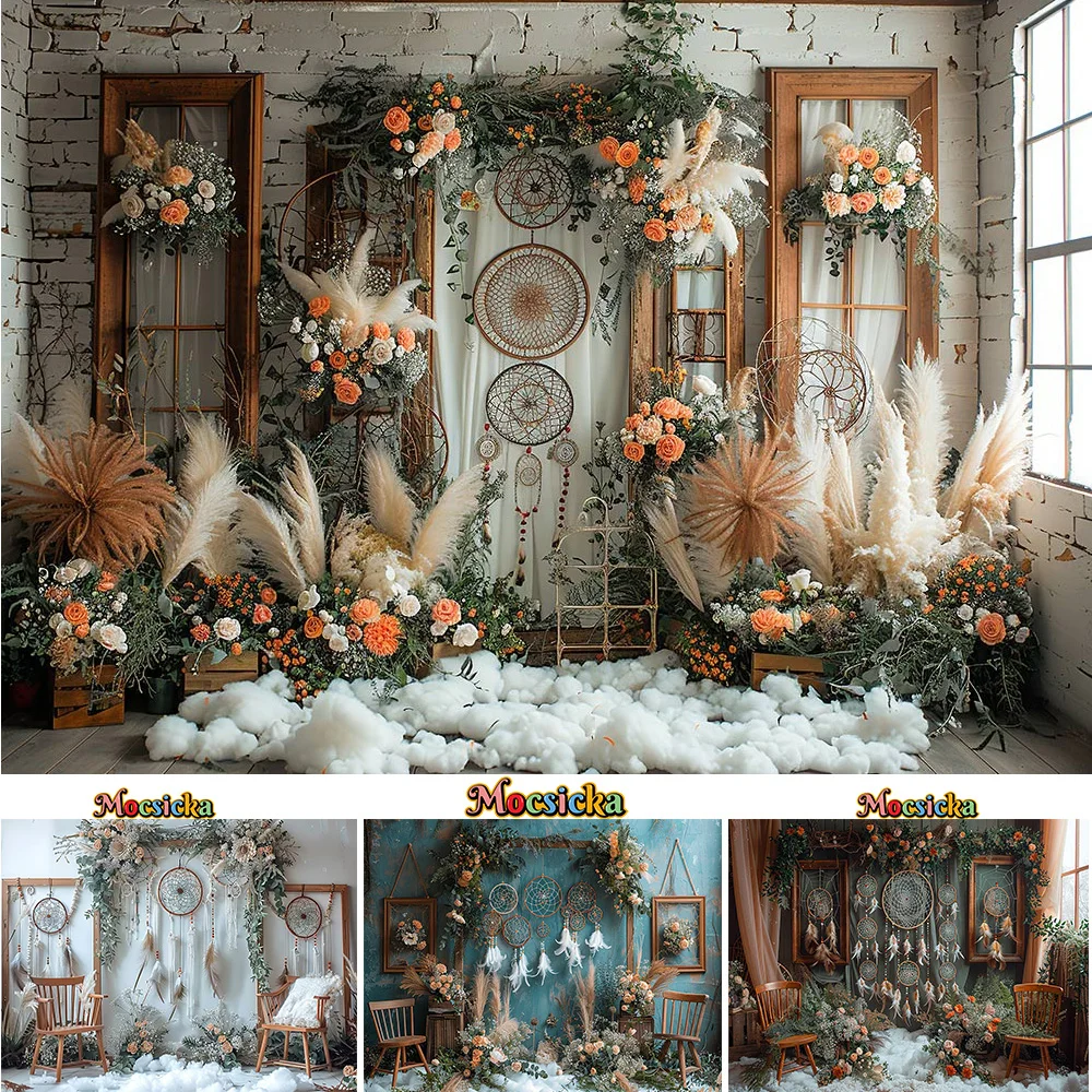 Fundo do casamento boêmio, apanhador de sonhos Flores, Pampas Grama Backdrop Decoração, Menina bebê Aniversário, Family Photo Studio