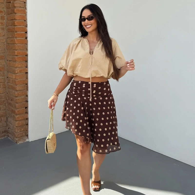 Sommerlicher Minirock mit Polka-Dot-Print für Damen, hohe Taille, Falten, asymmetrische Röcke, Street Fashion, Party, Club, lässiger, lockerer Rock
