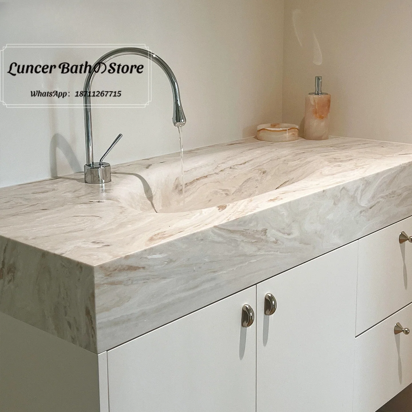 DuPont Corian Integrated Bathroom Sink, Amber Dune Solid Surface Vanity Basin, Seamless Resin Wash Basin for Toilet