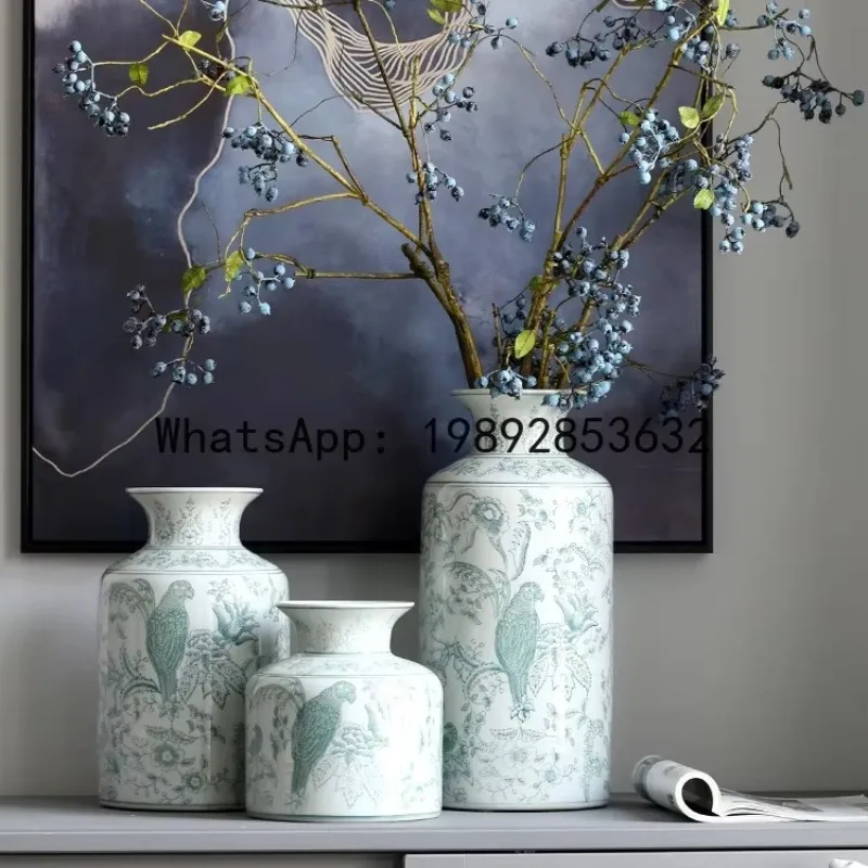 Xl new chinoiserie blue and white porcelain vase classy parrot florals pattern chinoiserie vase