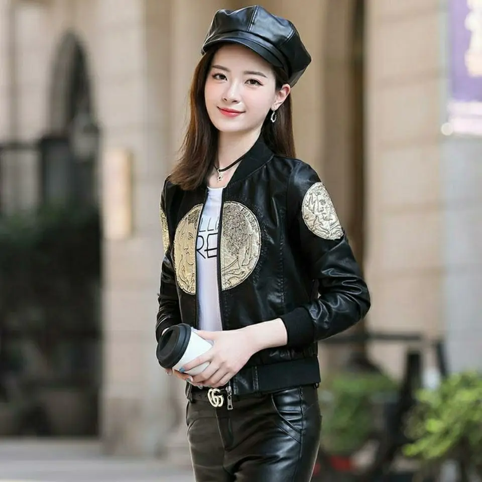 Women's Embroidered Leather Jacket, Baseball Jersey, Casual Fashion, Heavy Industry, Spring, Autumn, New, 2024