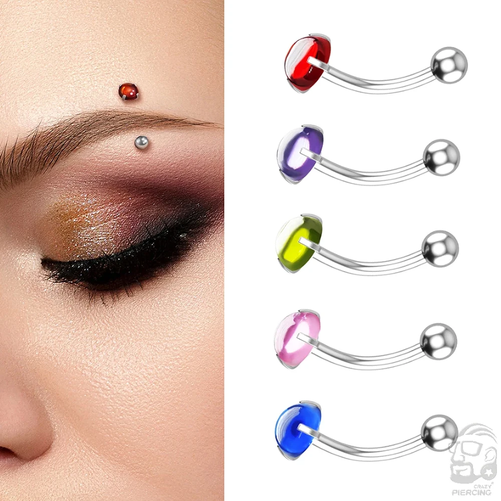 5 Colors Curved Barbell Eyebrow Nose Lip Earrings Nipple Piercings Jewelry Stainless Steel Red Pink Crystal CZs Eyebrow Rings