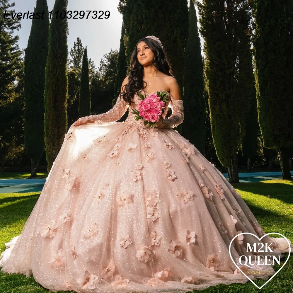 فستان Quinceanera الوردي اللامع ، ثوب الكرة ، كم طويل ، مزين بالزهور ، الديكور ، الحلو 16 ، TQD777