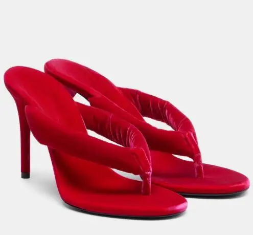 

Summer Women Red Black Solid Velvet Round Clip Toe Flip Flops High Heels Slippers Female Fashion Thin Heel Modern Slippers Shoes